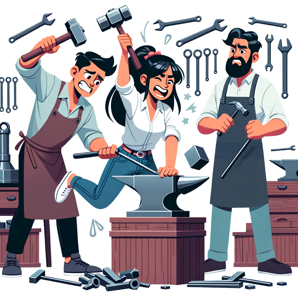 Vector-illustration-of-a-modern-blacksmith-workshop.-A-Hispanic-female-beginner-blacksmith-is-struggling-to-hold-a-heavy-hammer-while-tools-and-metal