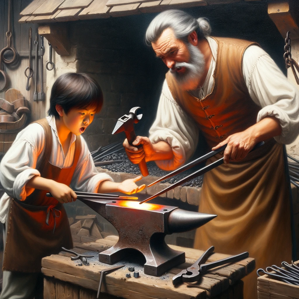 a-medieval-blacksmith-shop.-A-young-apprentice-is-holding-tongs-the-wrong-way-with-the-hot-metal-dangerously-close