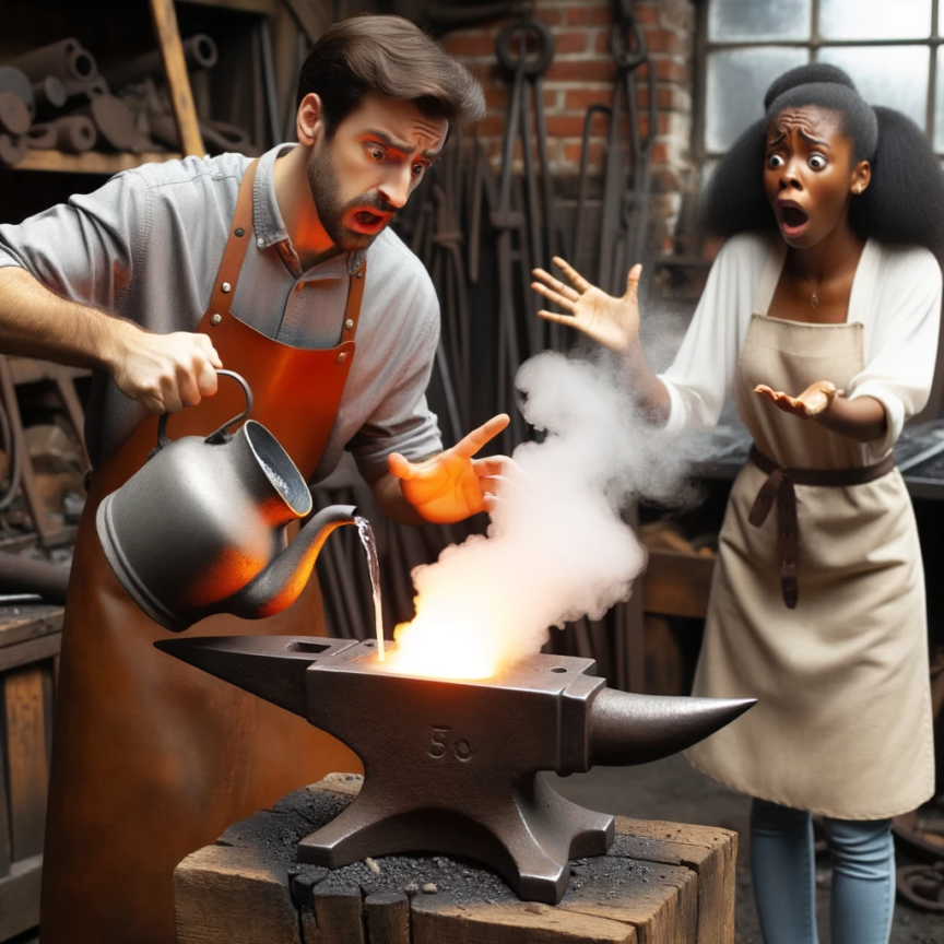 Photo-of-a-blacksmith-workshop-where-a-beginner-blacksmith-a-Caucasian-male-is-mistakenly-pouring-water-on-a-hot-anvil-causing-steam-to-rise
